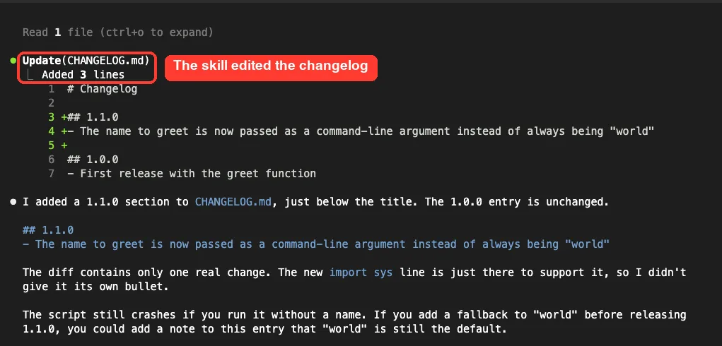 Claude Code result showing CHANGELOG.md updated with a 1.1.0 section by the release-note skill