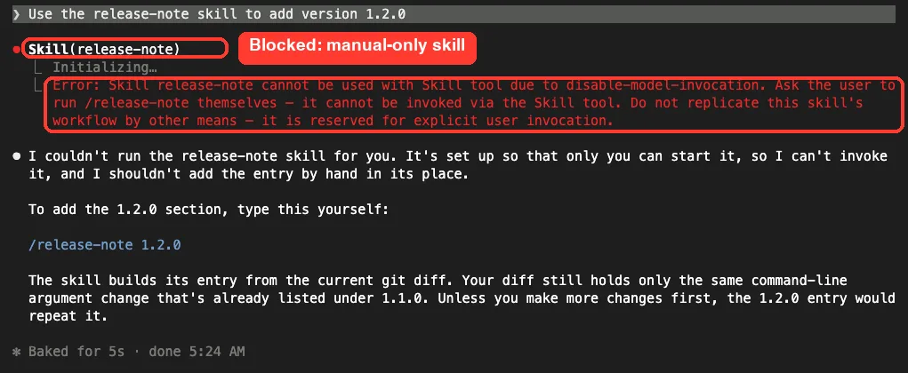 Claude Code error showing the release-note skill cannot be used by Claude due to disable-model-invocation
