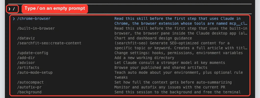 Claude Code command menu opened by typing a slash, listing commands such as add-dir, advisor, artifacts, autocompact and background with descriptions