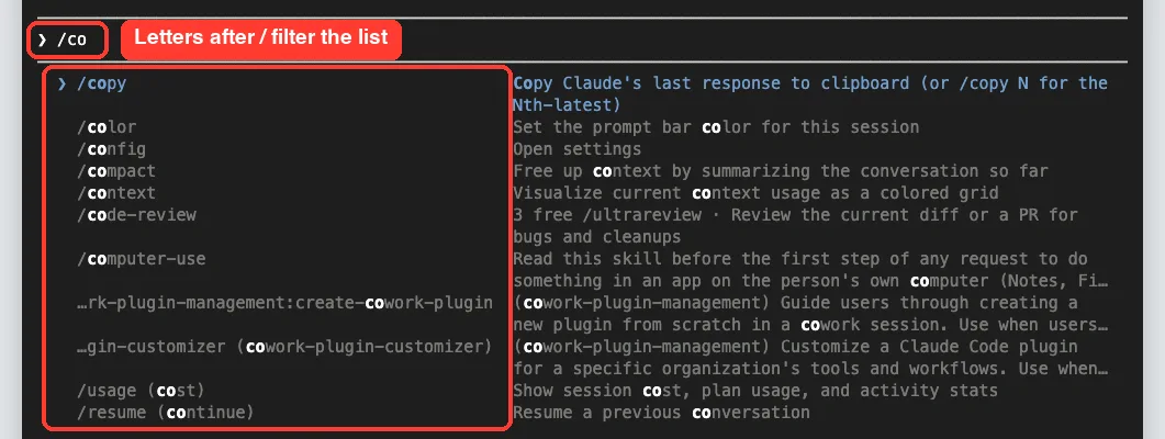 Claude Code slash menu filtered by the letters co, showing copy, color, config, compact, context and code-review commands