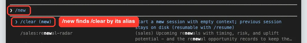 Claude Code menu showing clear highlighted with the alias new in brackets after typing slash new