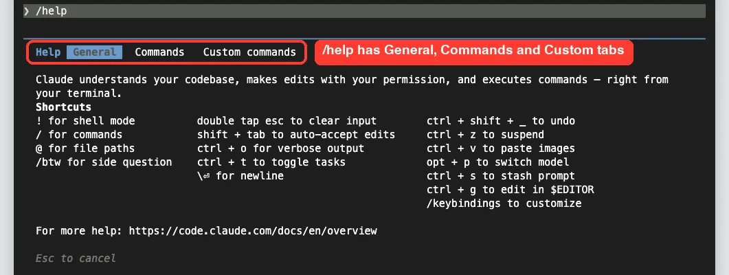 Claude Code help panel with General, Commands and Custom commands tabs, listing shortcuts for shell mode, commands, file paths and side questions