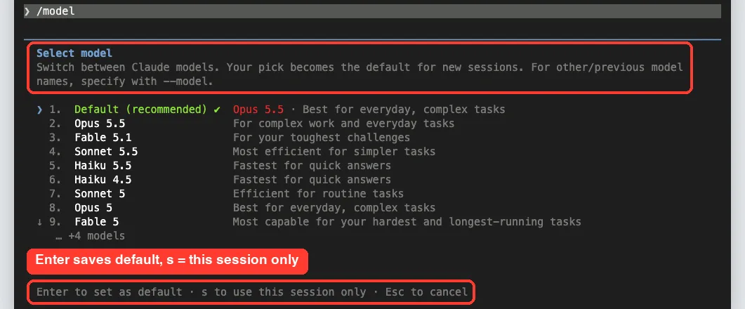Claude Code Select model picker listing available Claude models with a note that Enter sets the default and s uses the model for this session only