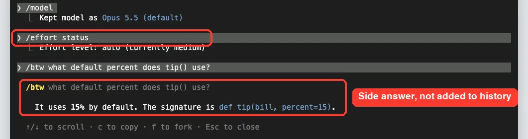 Claude Code btw side question panel answering that tip uses 15 percent by default with options to scroll, copy, fork or close