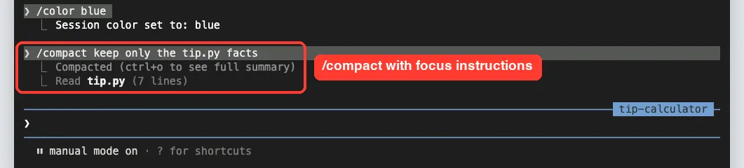Claude Code showing compact with focus instructions and the result Compacted, with ctrl+o to see the full summary