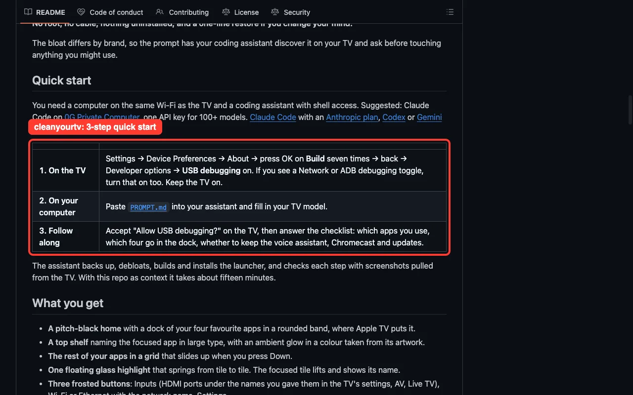 cleanyourtv GitHub page showing the three-step quick start