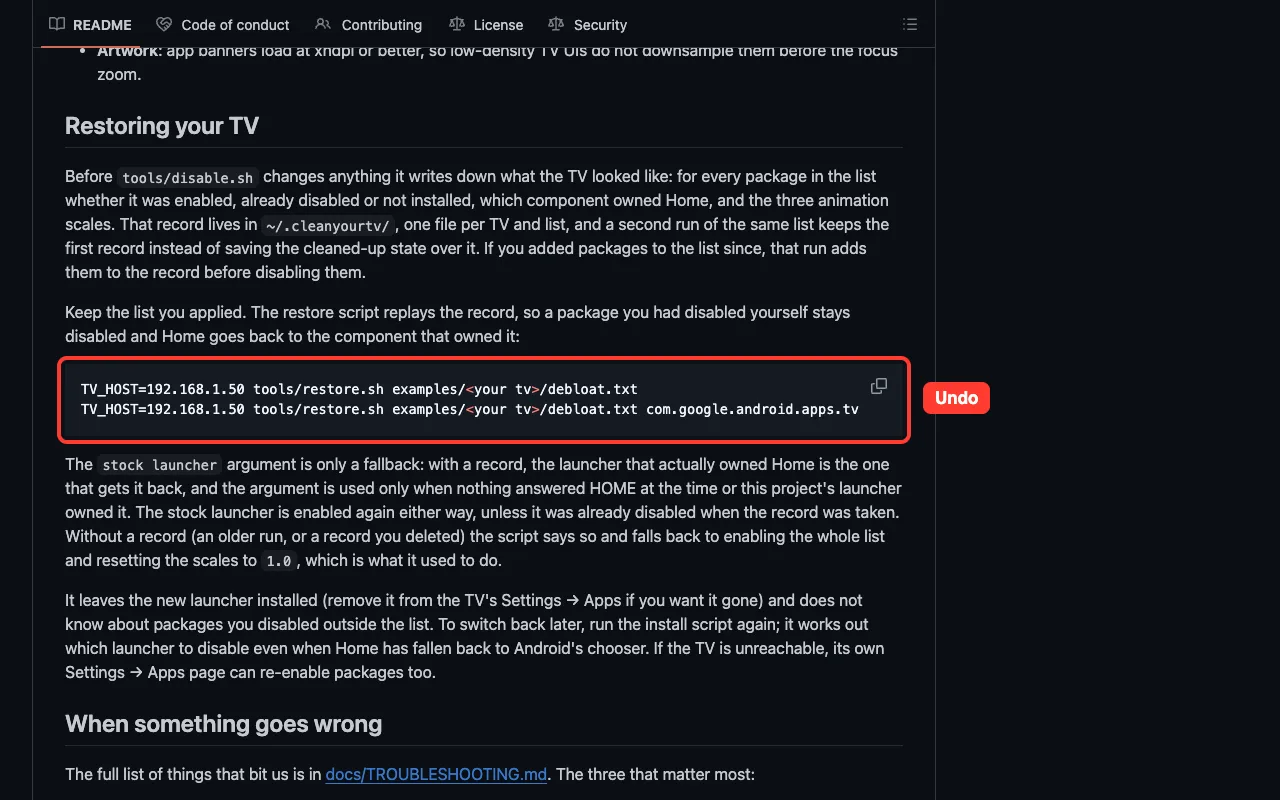 cleanyourtv restore command that undoes a debloat list