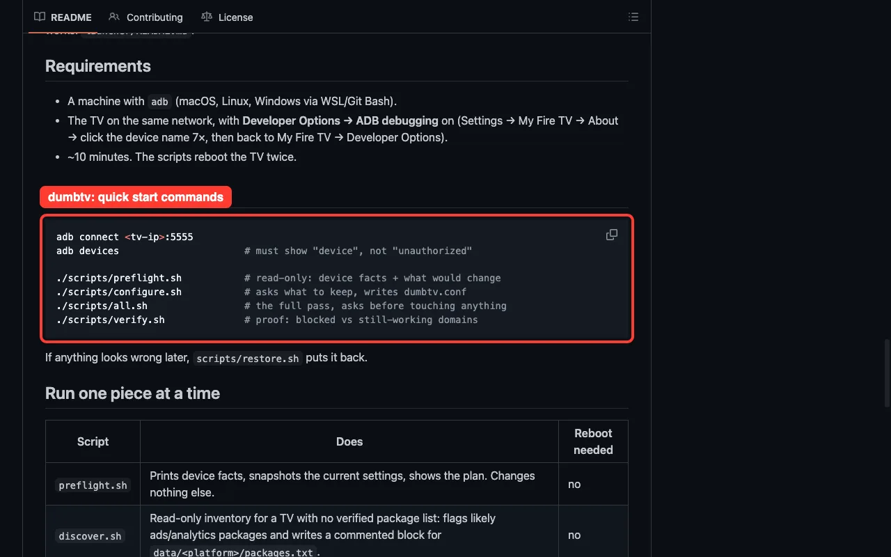 dumbtv GitHub page showing its quick start commands