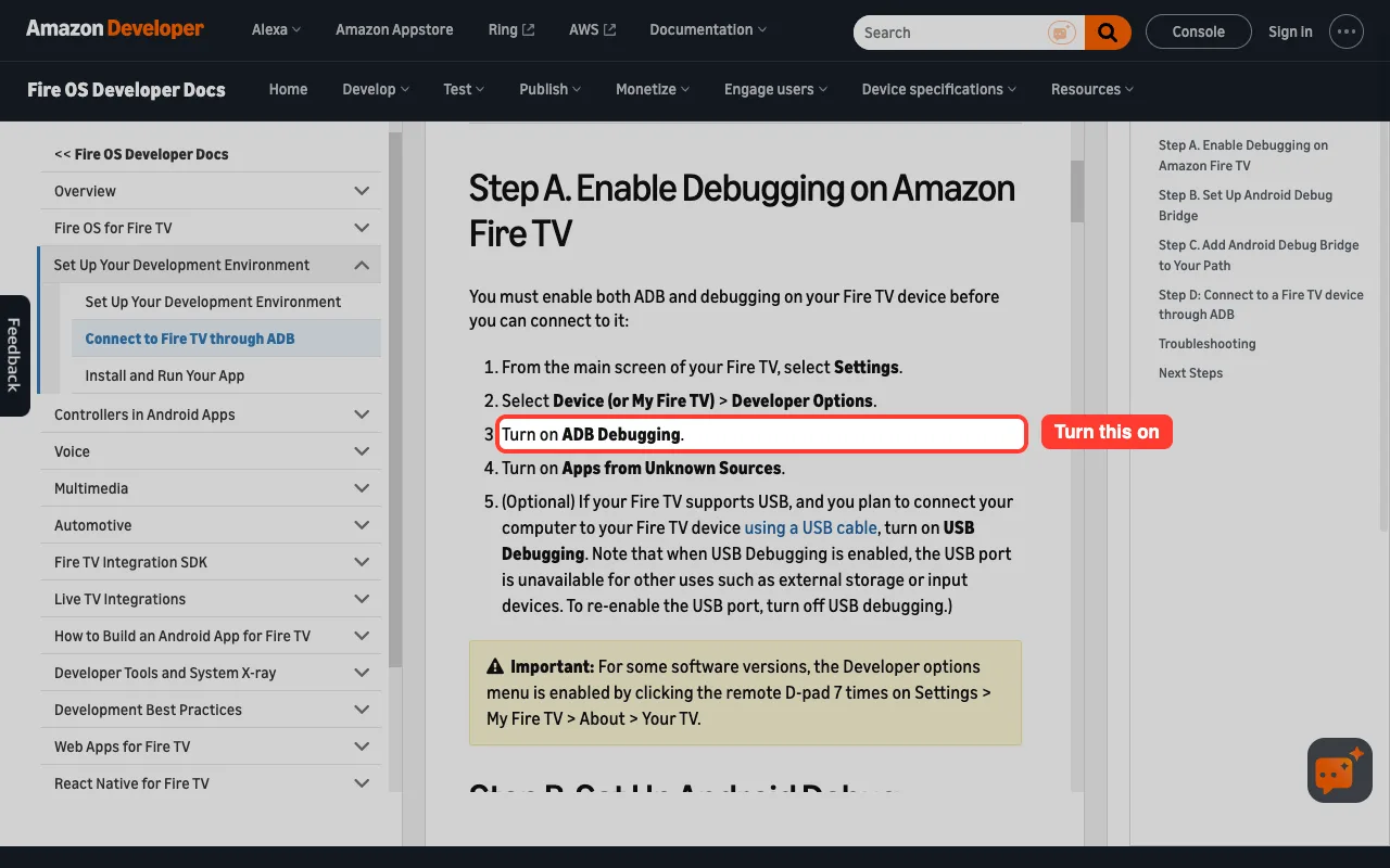 Amazon's Fire TV developer documentation showing the ADB Debugging setting
