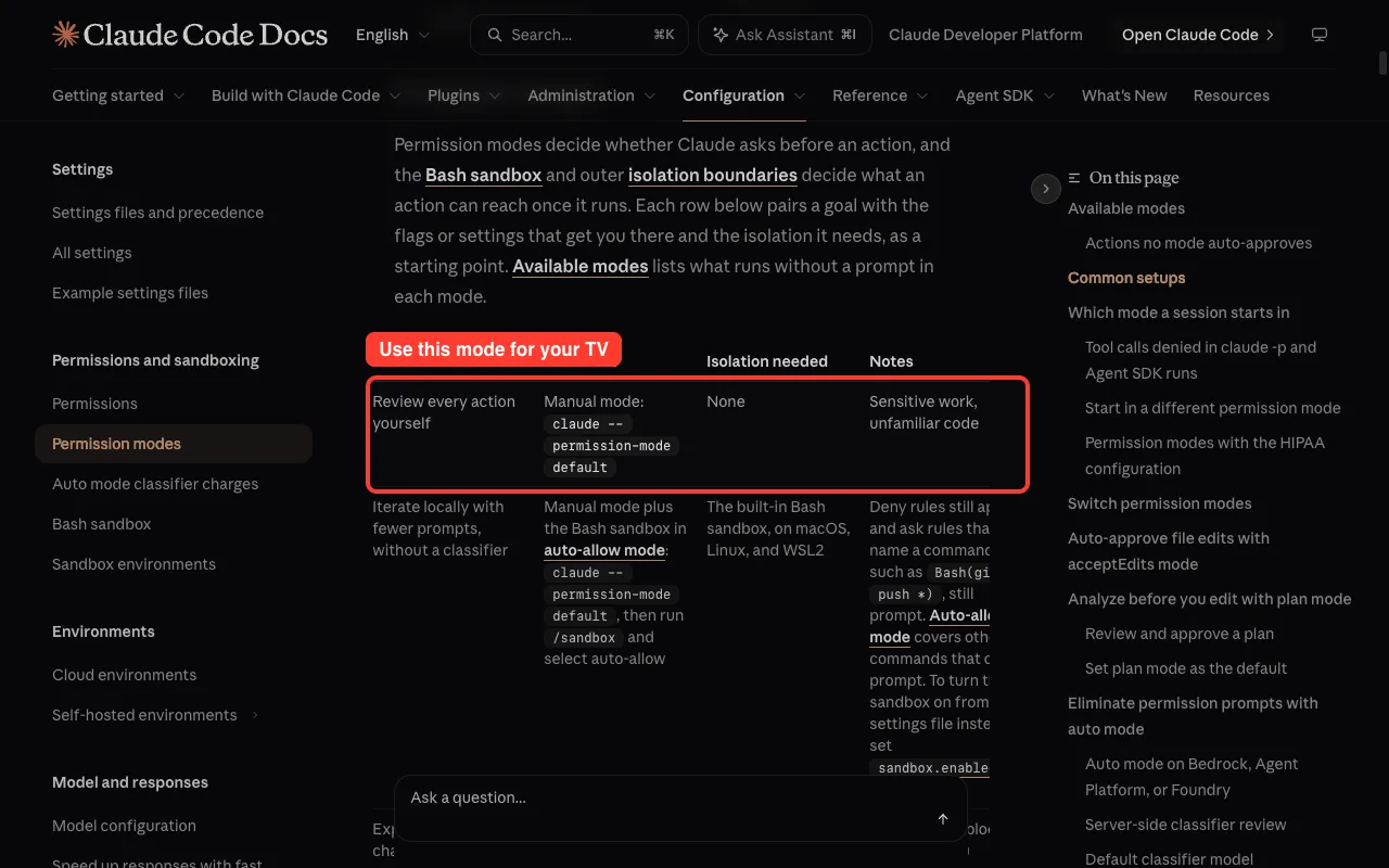 Claude Code documentation table showing Manual mode for reviewing every action