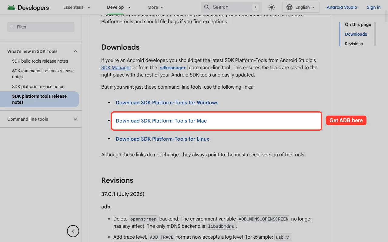 Download links for Android SDK Platform-Tools for Windows, Mac and Linux
