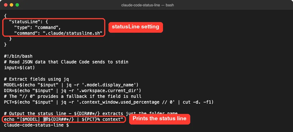 Terminal showing the statusLine setting in settings.json and the Bash status line script that prints the model, folder and context percentage