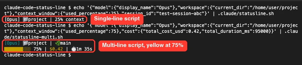 Terminal showing mock JSON piped into two status line scripts, one printing a single line and one printing two colored rows