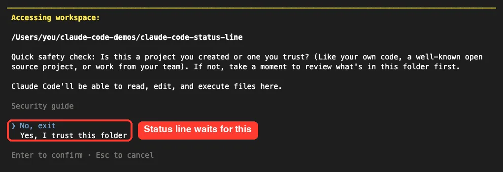 Claude Code workspace trust dialog with the options No, exit and Yes, I trust this folder