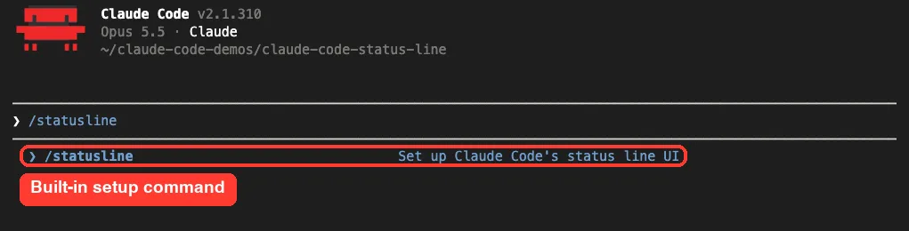 Claude Code command menu showing /statusline with the description Set up Claude Code's status line UI