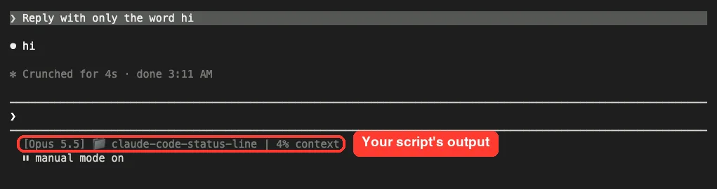 Claude Code session with a status line showing the model name, folder name and 4% context under the prompt box