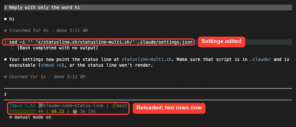 Claude Code after a shell command edited settings.json, now showing a two-row status line with git branch, context bar, cost and duration
