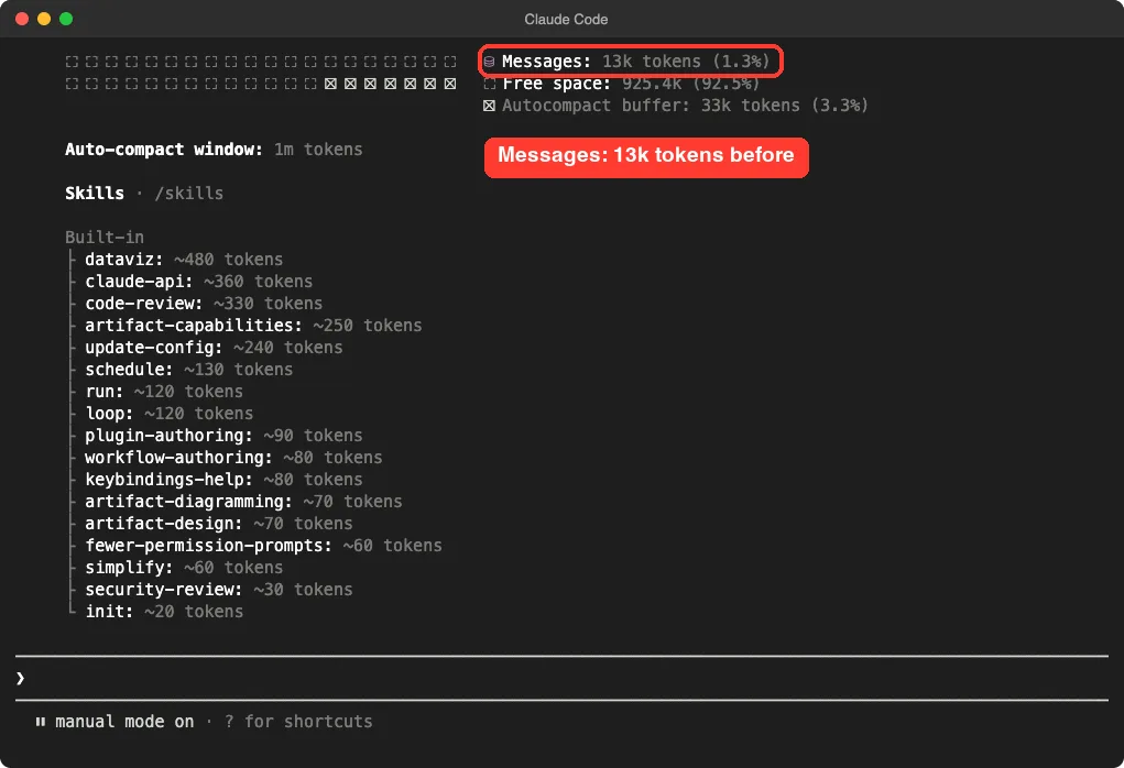 Claude Code context screen showing Messages at 13k tokens, free space at 925.4k tokens and an autocompact buffer of 33k tokens