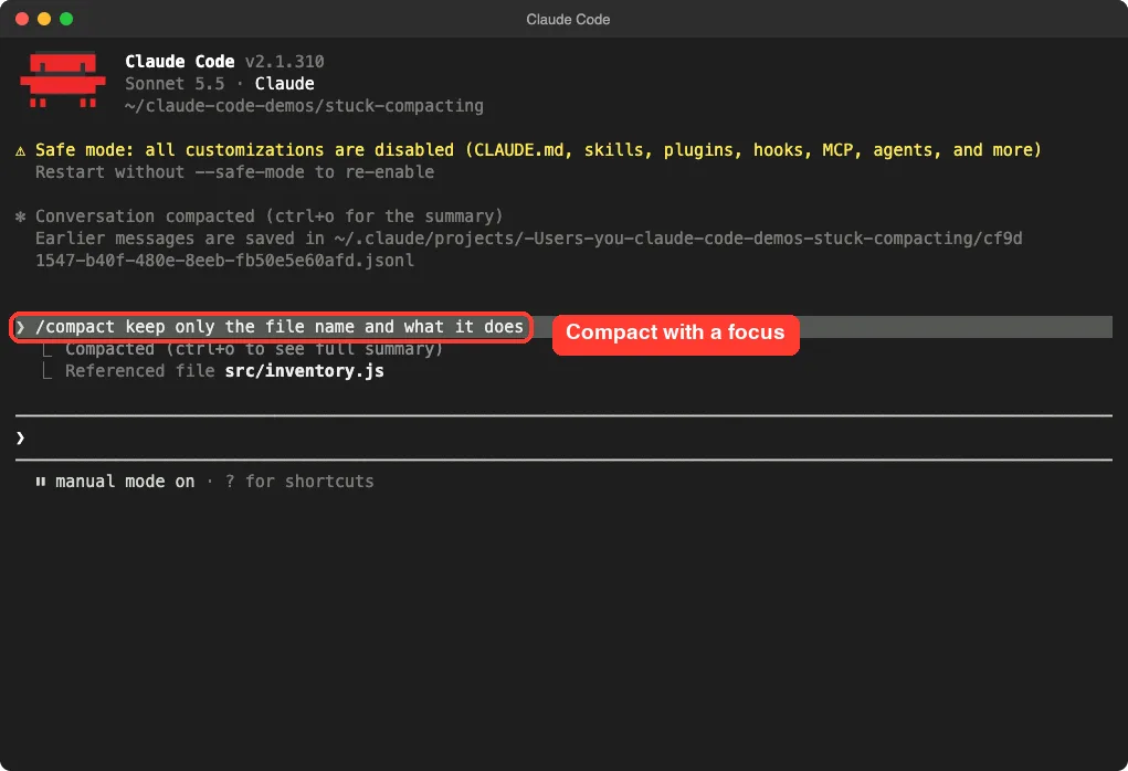 Claude Code showing the message Conversation compacted after the compact command with a focus was run