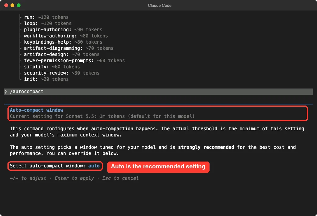 Claude Code autocompact screen showing the current auto-compact window setting and the auto option described as strongly recommended