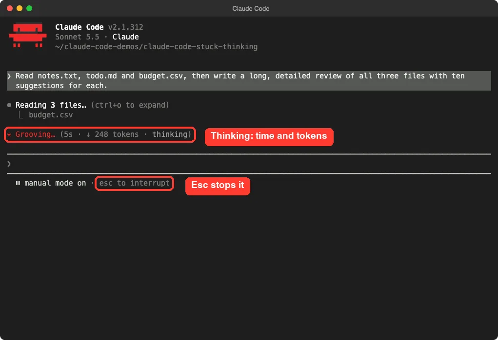 Claude Code terminal showing the spinner line with seconds, token count and the word thinking, plus the esc to interrupt hint, both in red boxes