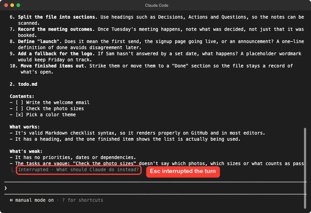 Claude Code showing the Interrupted line with the question What should Claude do instead, inside a red box
