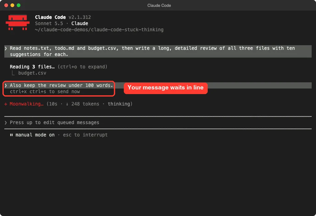 Claude Code with a queued message under the running task, highlighted in a red box, and the hint to press up to edit queued messages