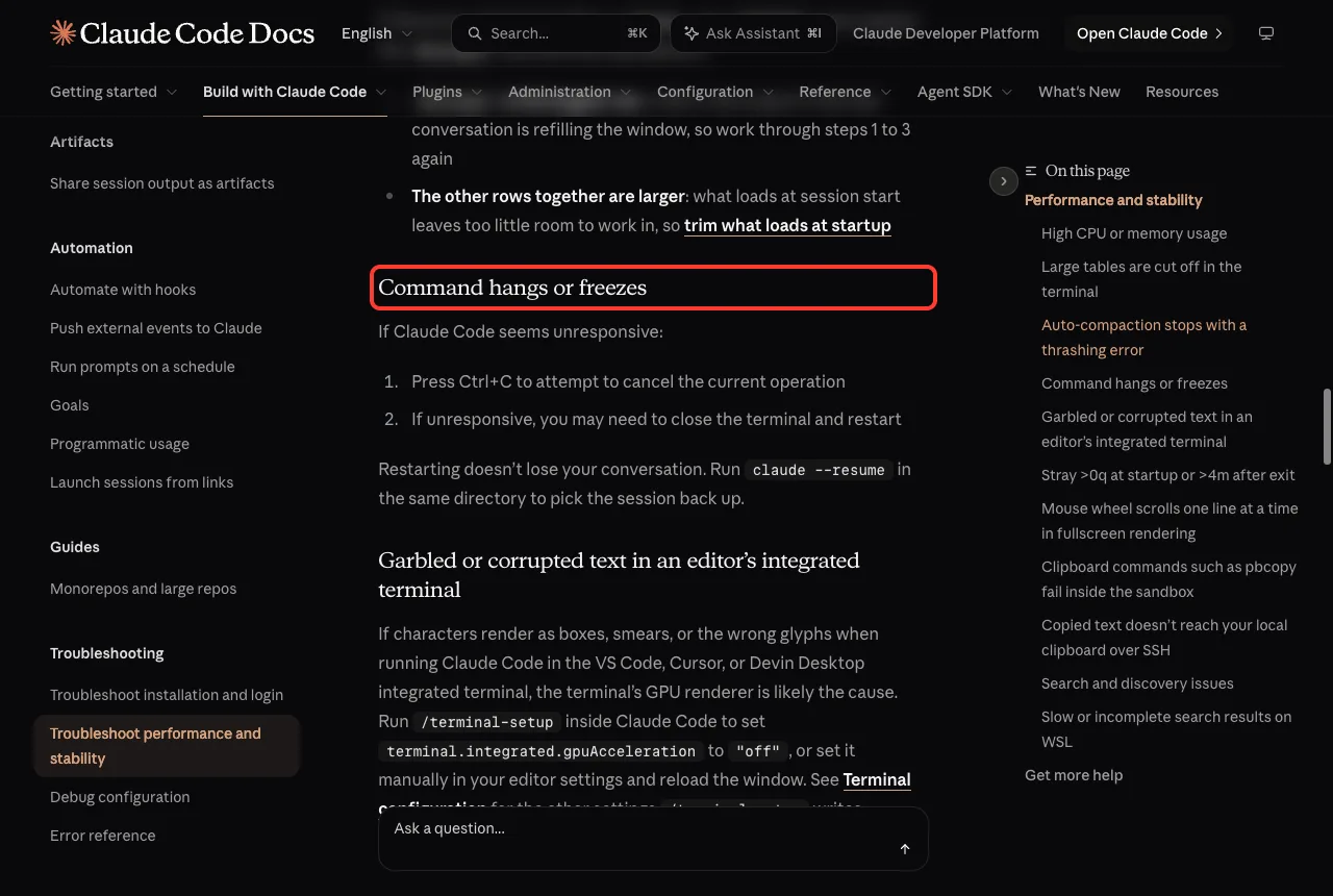 Official troubleshooting page section Command hangs or freezes highlighted in a red box, listing Ctrl+C and restart steps