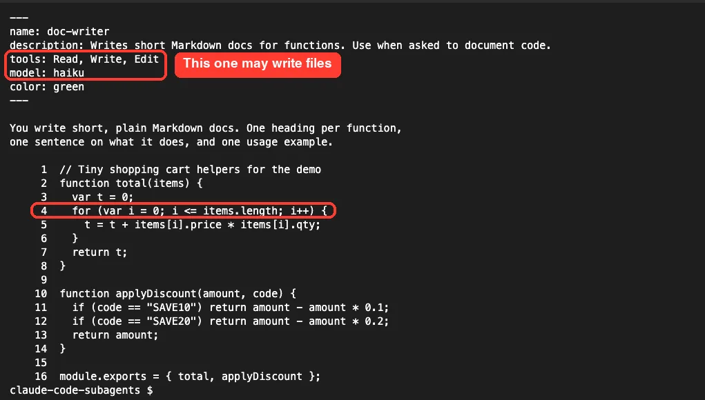 Terminal showing the doc-writer subagent file and the cart.js demo file with the loop bug on line 4