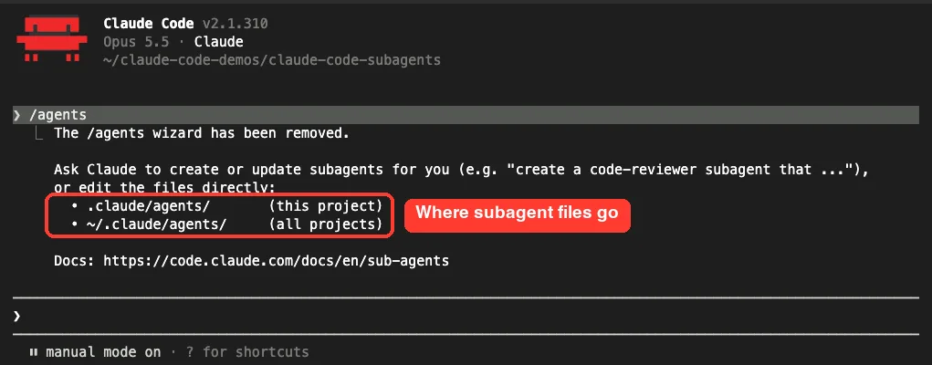 Claude Code output of the /agents command listing the project and personal agent folders
