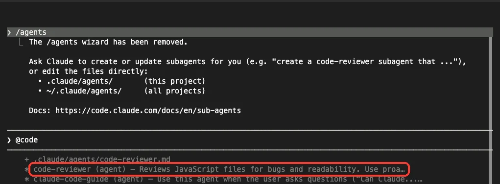 Claude Code typeahead after typing @code showing the code-reviewer agent entry