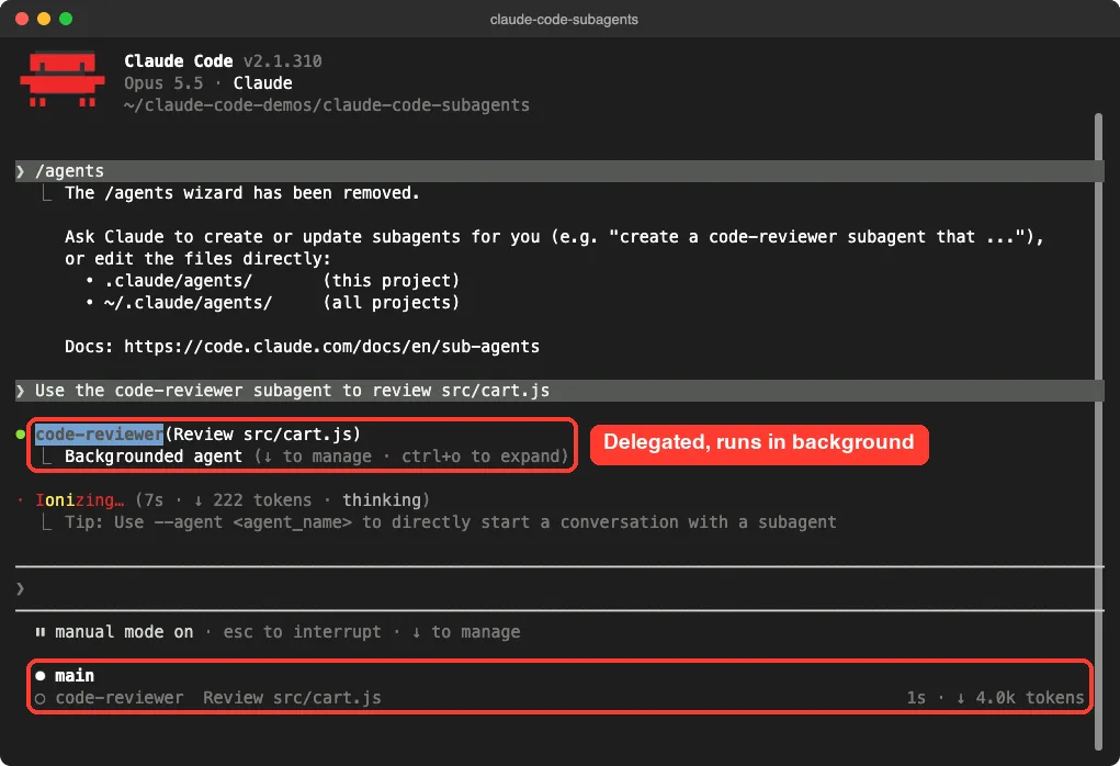 Claude Code transcript showing the code-reviewer subagent running in the background with a subagent panel below the prompt