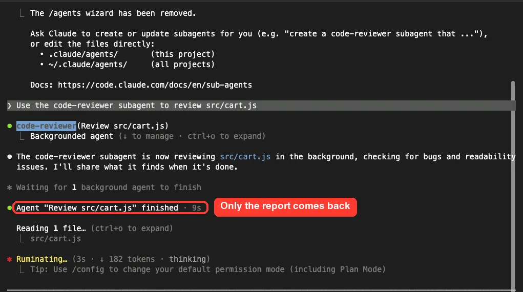 Claude Code transcript showing the background agent finished and the main session reading cart.js