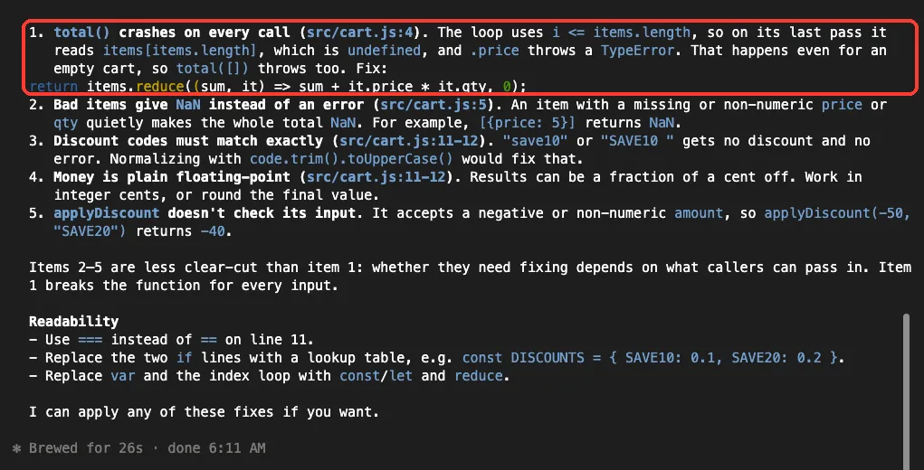 Claude Code final answer listing the off-by-one bug in total() on line 4 of cart.js