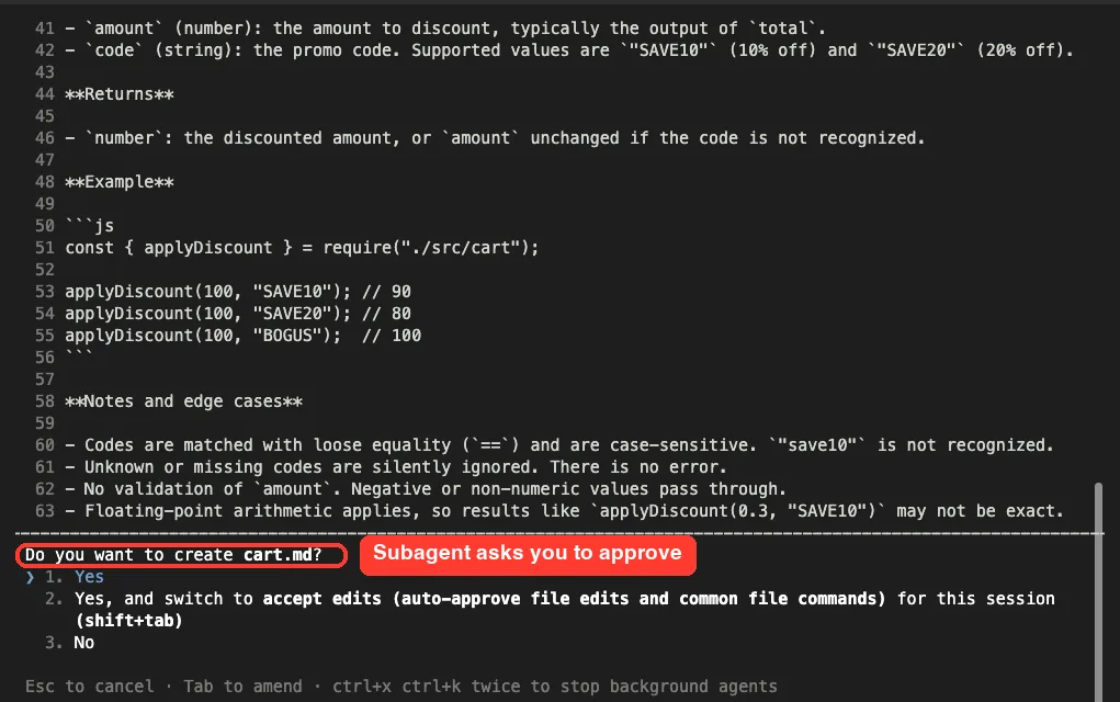 Claude Code permission prompt asking whether to create cart.md, raised by the background doc-writer subagent