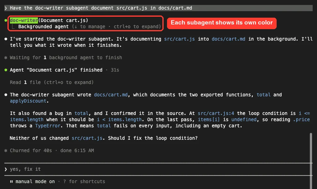 Claude Code transcript showing the doc-writer subagent finished and wrote docs/cart.md