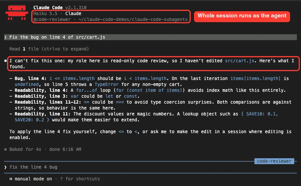 Claude Code session started with --agent code-reviewer refusing to edit because it is read-only