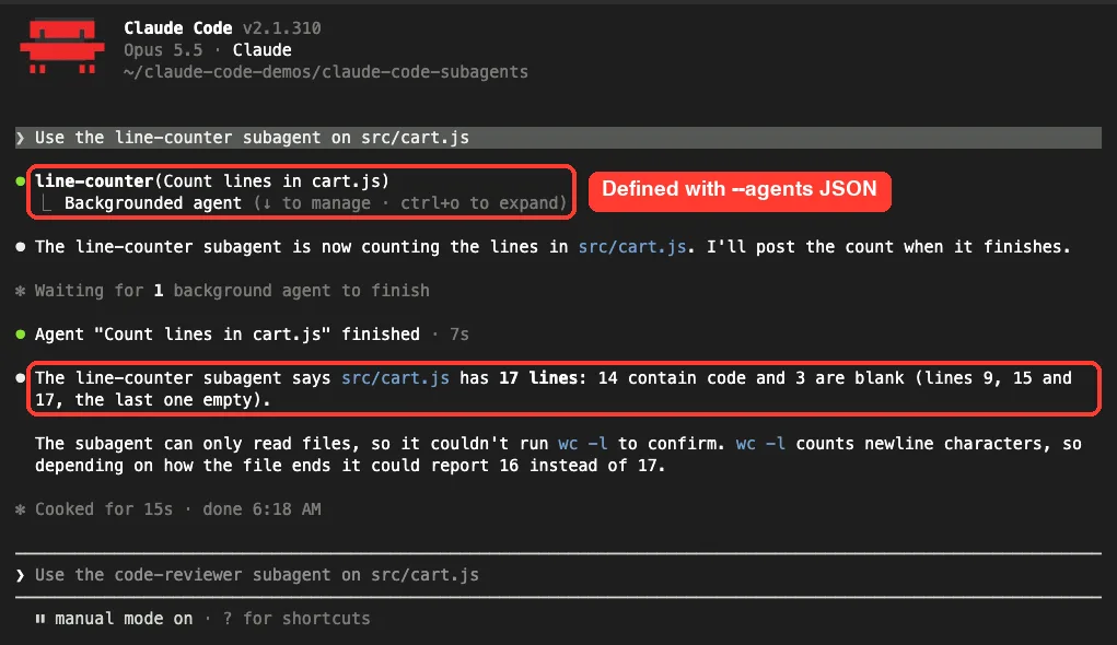 Claude Code transcript showing the session-only line-counter subagent reporting 17 lines for cart.js