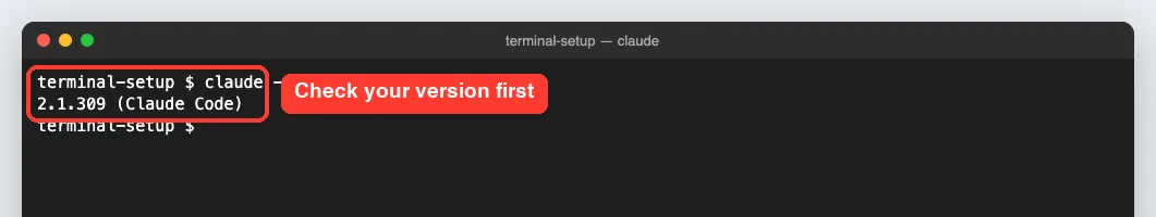 Terminal output of claude --version showing 2.1.309 (Claude Code)