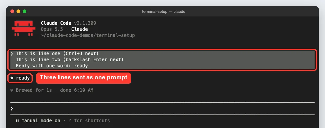 Claude Code transcript showing a three-line prompt and the reply ready