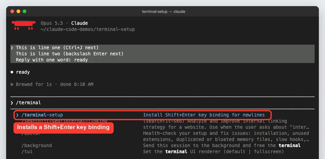 Claude Code slash command menu showing /terminal-setup with the description Install Shift+Enter key binding for newlines