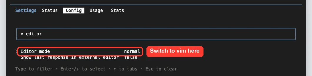Claude Code /config settings search filtered to editor showing Editor mode set to normal
