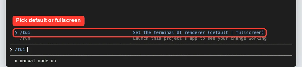 Claude Code slash menu showing /tui with the description Set the terminal UI renderer default or fullscreen