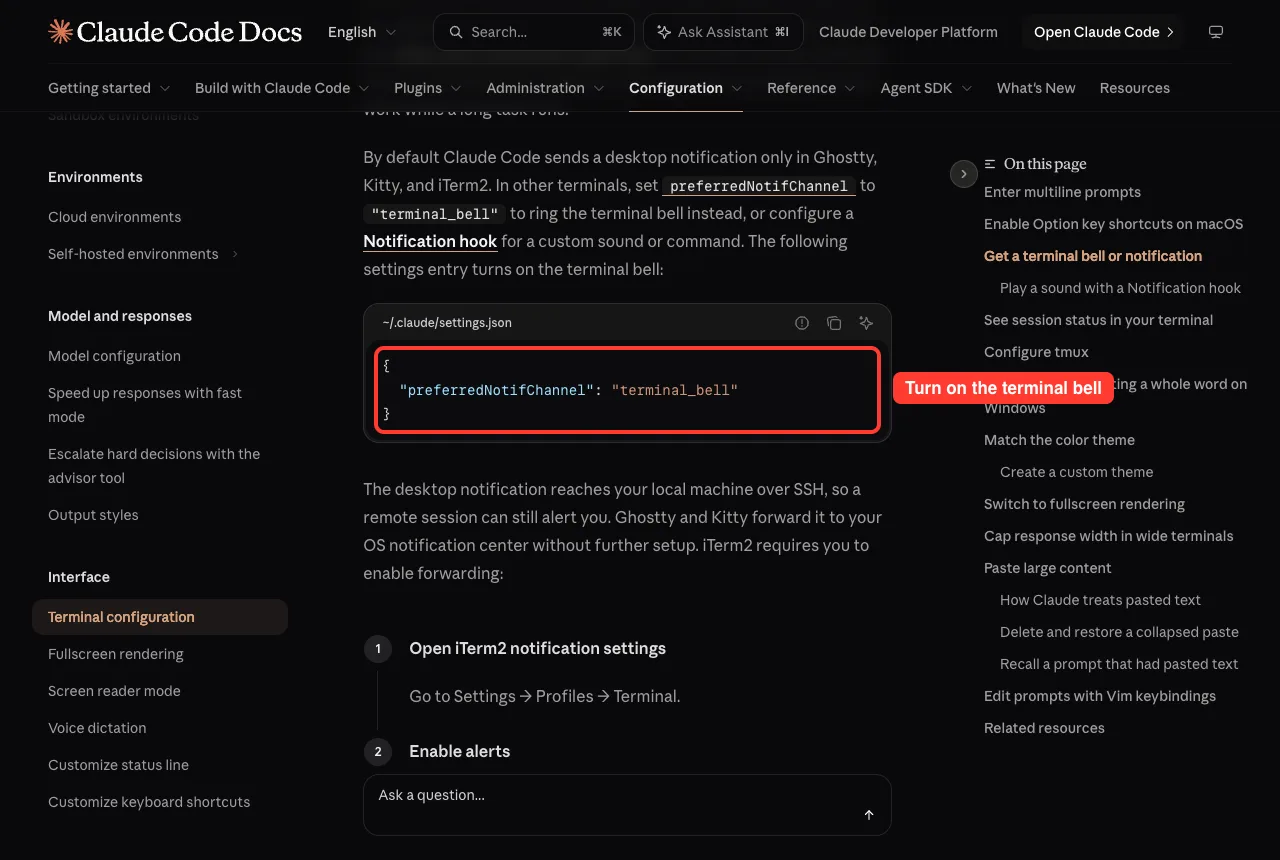 Claude Code docs showing the preferredNotifChannel terminal_bell setting in settings.json
