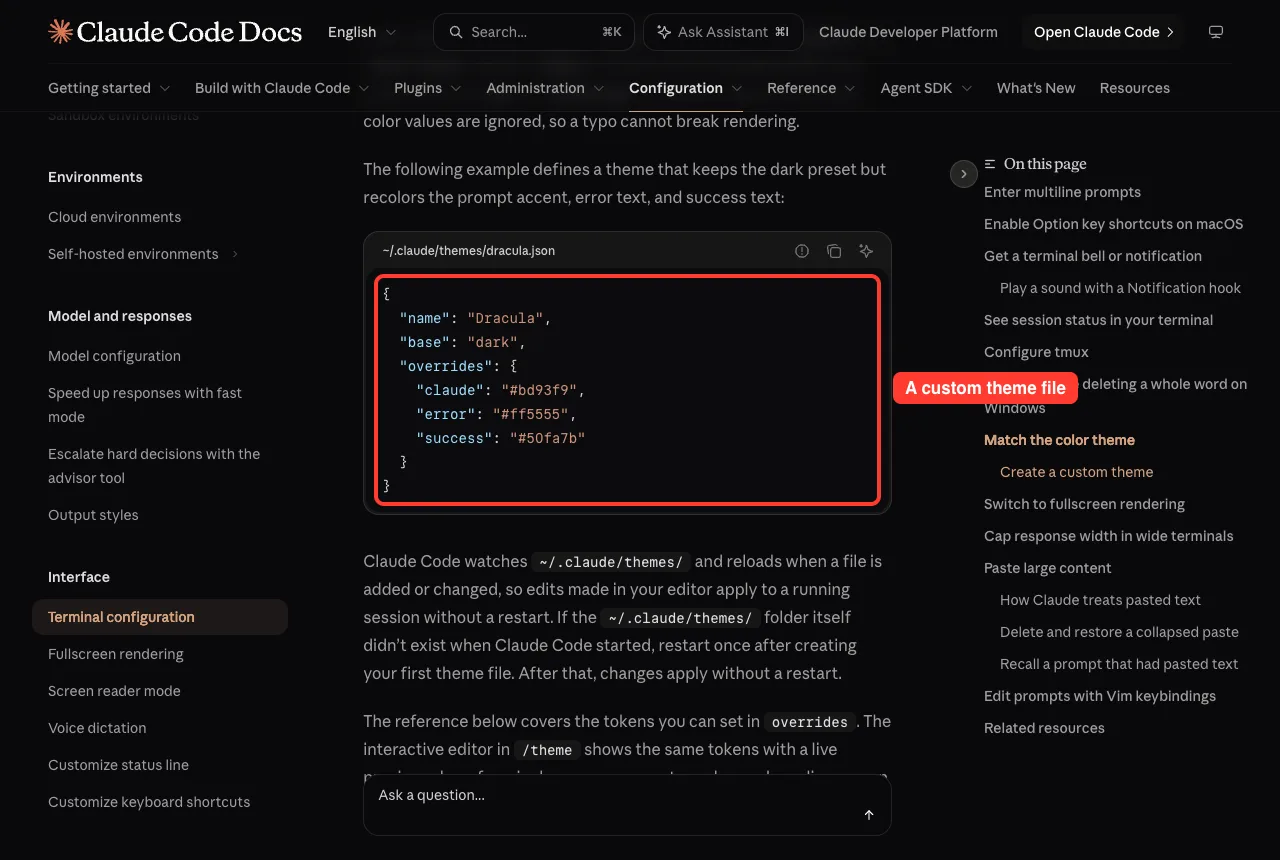 Claude Code docs showing a custom theme JSON file with name, base and color overrides