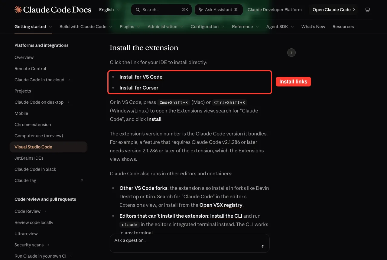 Official docs install section with the Install for VS Code and Install for Cursor links highlighted