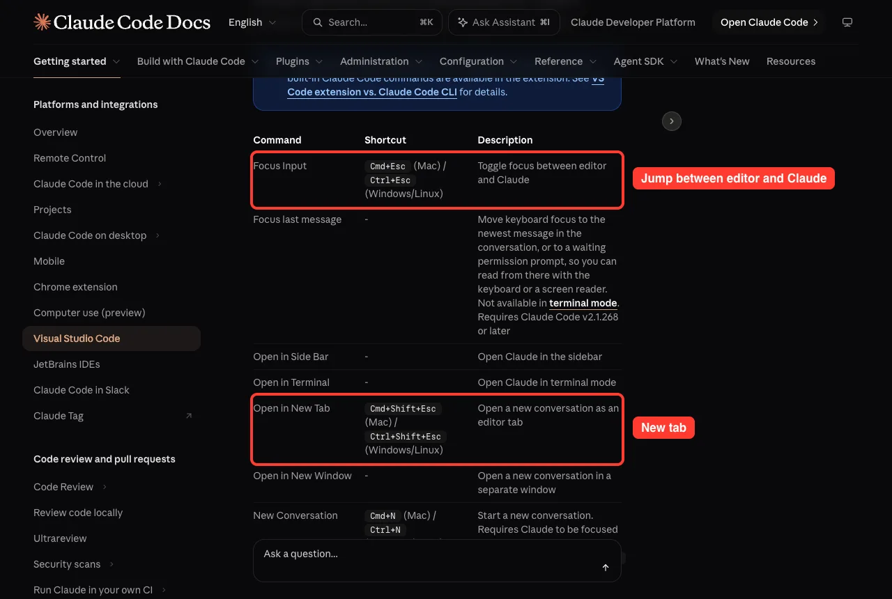 Official docs table of VS Code commands with Focus Input and Open in New Tab rows highlighted