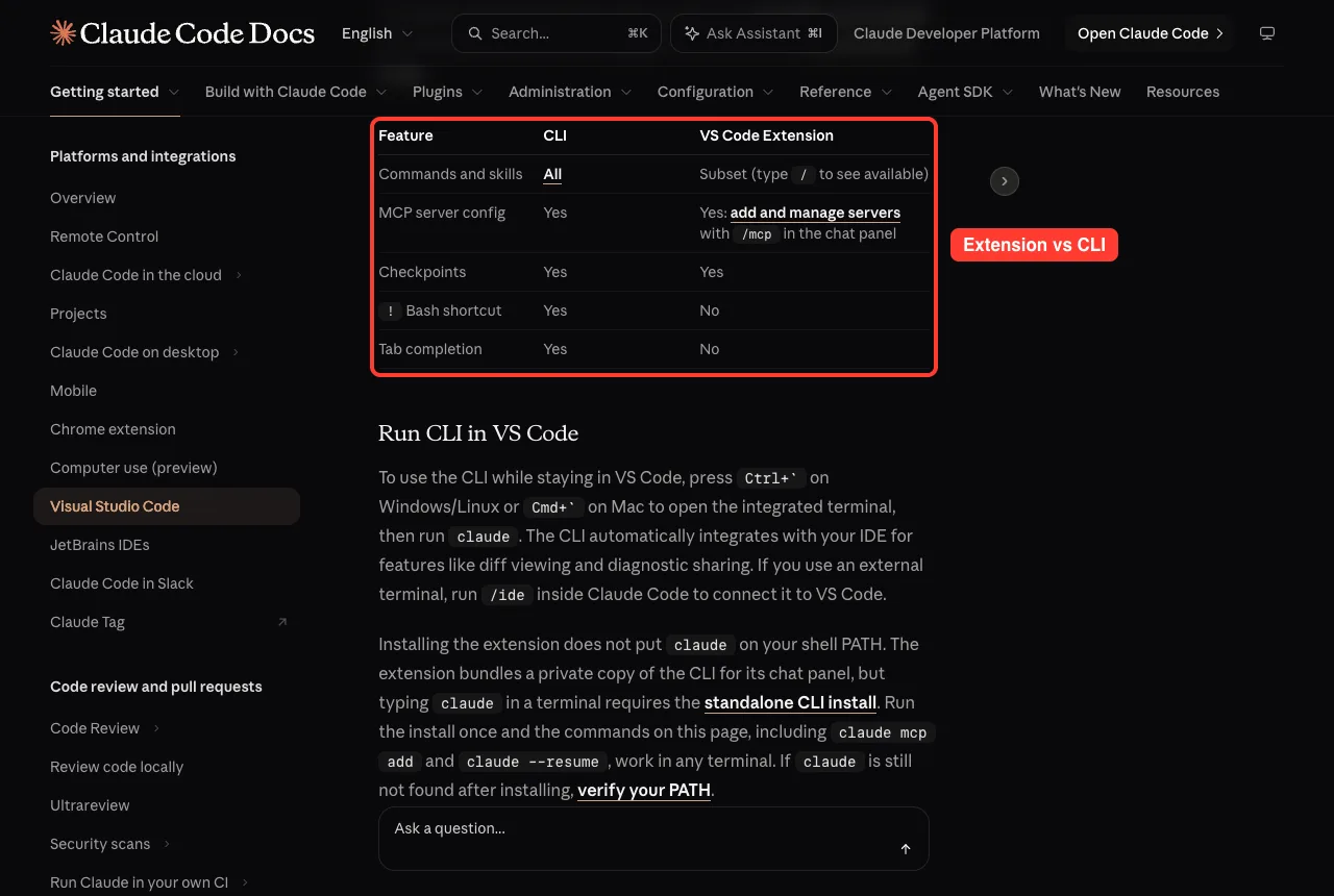 Official docs table comparing the CLI and the VS Code extension, with a note that the Bash shortcut and tab completion are CLI only