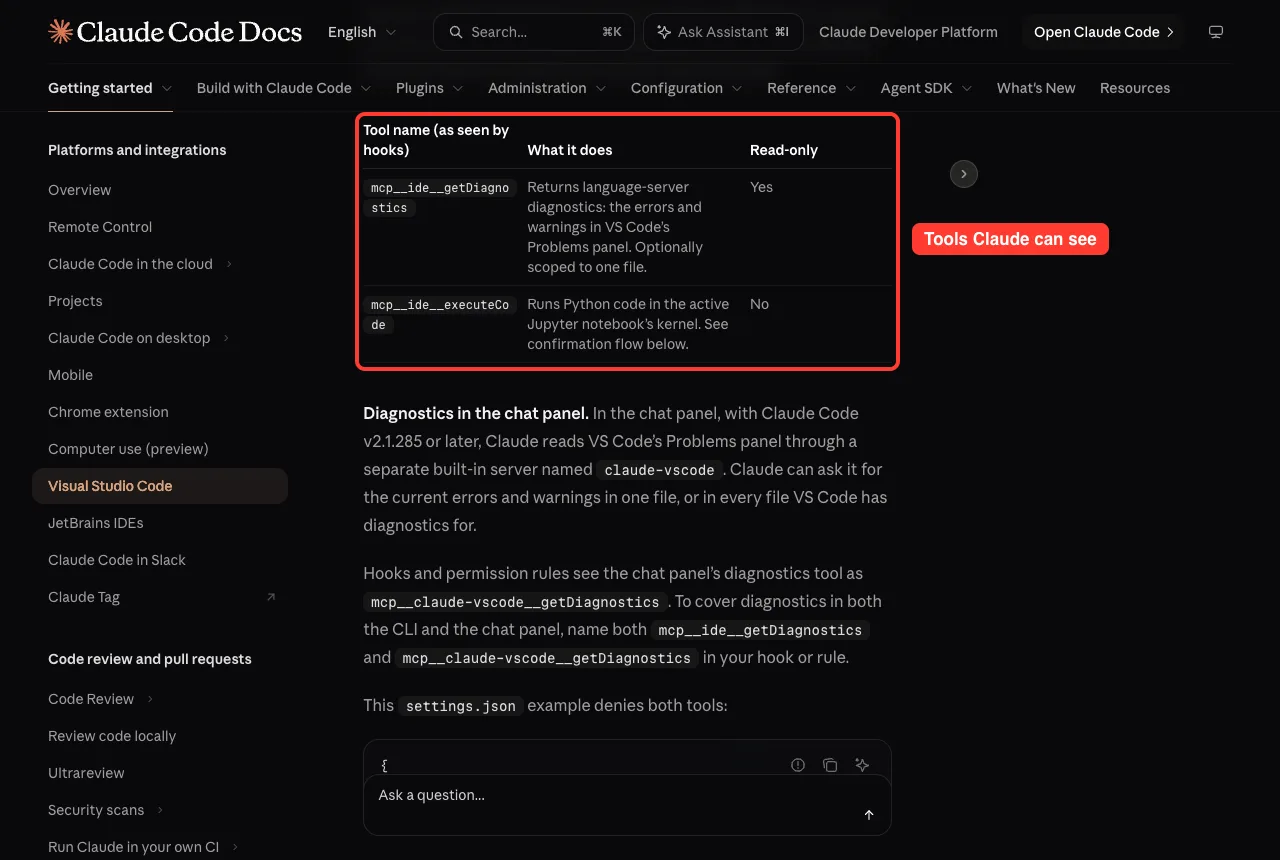 Official docs table of the two tools the VS Code IDE server shows to Claude, getDiagnostics and executeCode