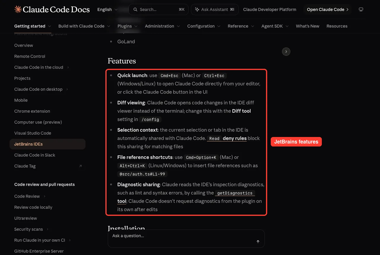 Official JetBrains docs features list with quick launch, diff viewing, selection context, file references and diagnostics highlighted